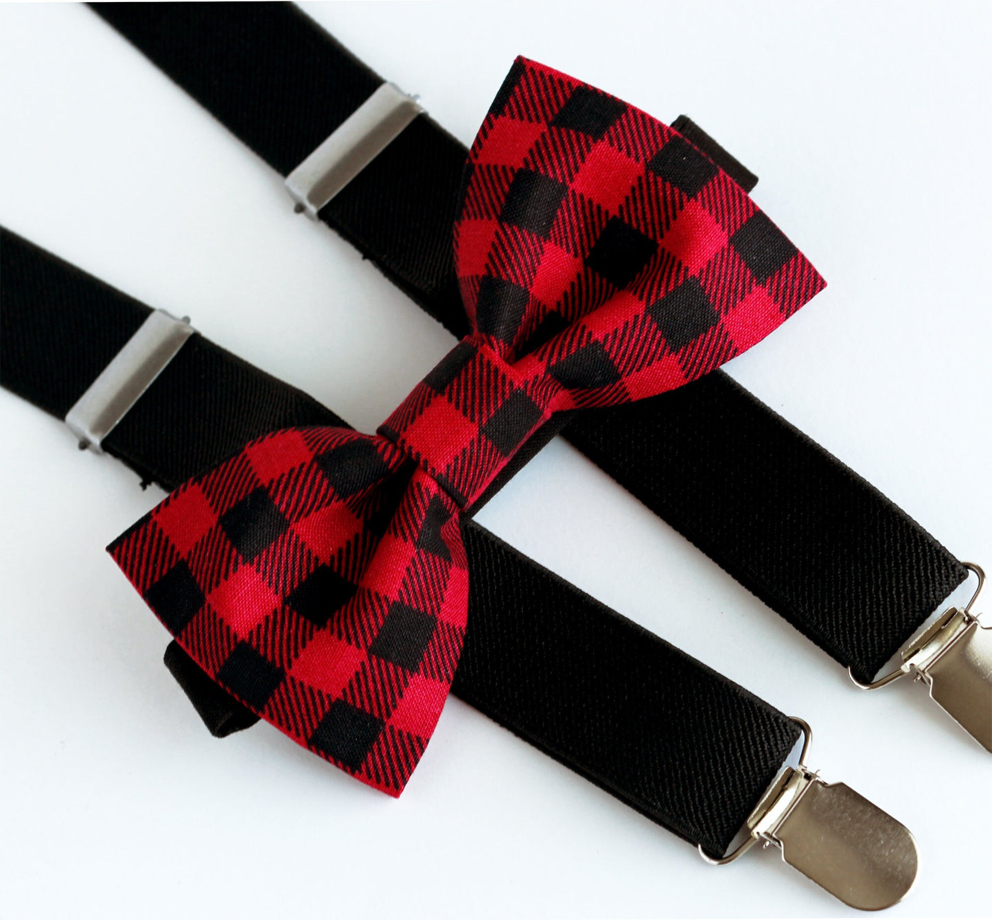 Christmas outfit bow tie and suspenders, buffalo plaid bow tie, black suspenders, woodland, smash cake party, baby boy bow tie, red buffalo