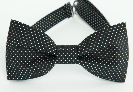 Black pin dot bow tie, black white bowtie, mens bow tie, boys bow tie, black white pin dots bow tie, pre-tied bow tie, clip-on bow tie