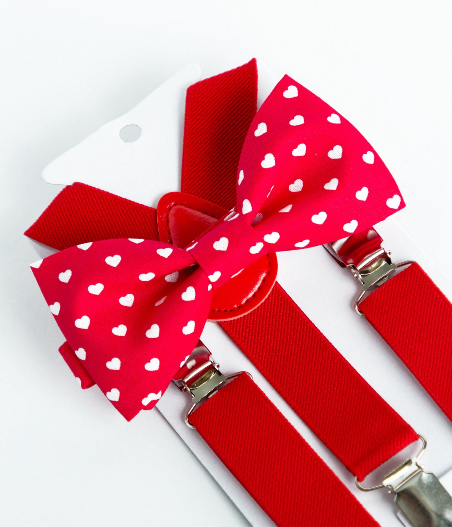 Valentine's Day bow tie and supenders set, mens bow tie, kids bowtie, boys bow tie, hearts bow tie and red suspenders set