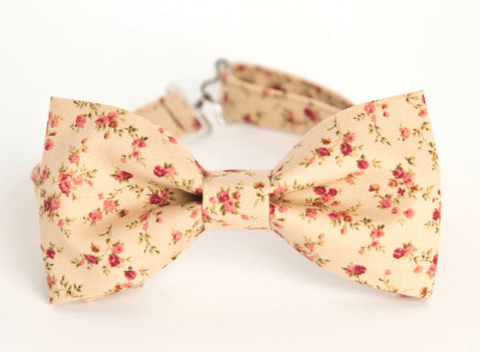 Beige floral bow tie, mens bow tie with flowers, wedding bow tie, grooms, groomsmen bow tie, pocket sqaure, tiny roses bow tie, ringboy