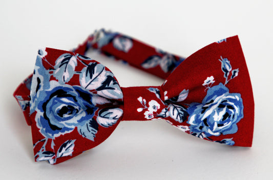 Red blue floral bow tie, wedding red bowtie, mens floral bow tie, boys bow tie with flowers, groomsmen, ring bearer red floral bow tie,roses