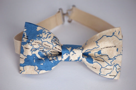 Map bow tie, world map bow tie, blue and tan bow tie, ocean bow tie, mens bow tie, travelers gift, gift for him, boys bow tie, Europe bowtie