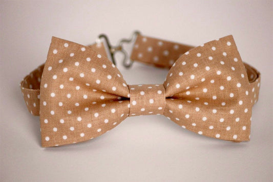 Mens Beige bow tie, beige white polka dot boys bow tie, tan bow tie, kids bowtie, wedding bow tie, grooms bow tie, ringboy bow tie