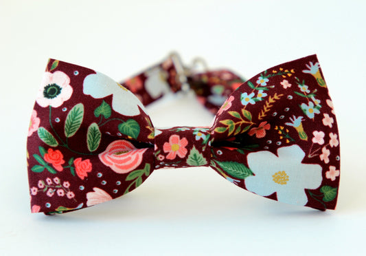 Burgundy floral bow tie, wedding bow tie, grooms floral bow tie, mens bowtie, maroon flower garden bow tie, ringbearer wine bow tie