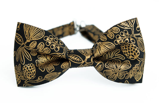 Black metallic gold floral mens bow tie, black and gold bow tie, wedding bowtie, grooms groomsmen floral tie, gift for him, boho rustic bow