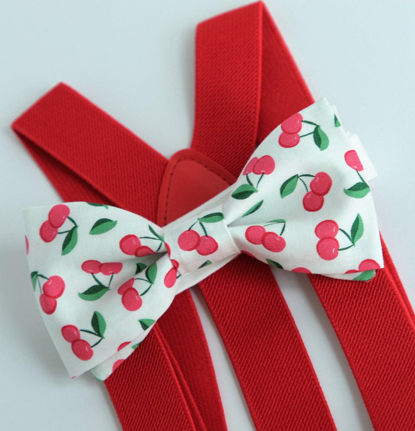 Cherry bow tie, kids bow tie, boys bow tie, mens bow tie, pre-tied bow tie, white and red bow tie