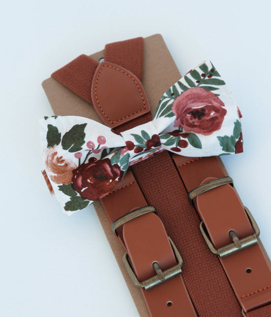 Rustic bow tie and suspenders set, brown mauve floral bowtie, brown suspenders