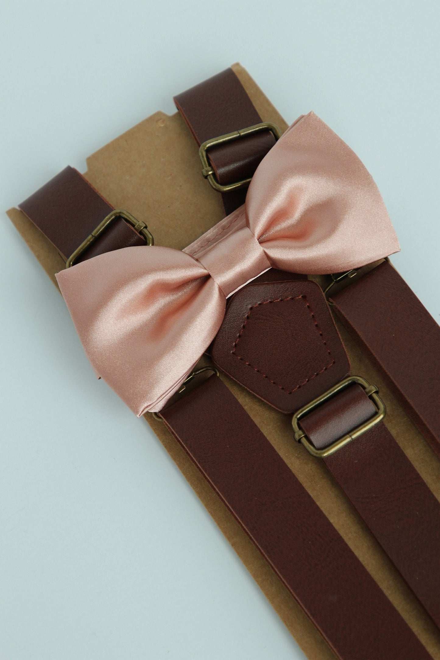 Rose gold satin bow tie and brown leather suspenders set, mens bowtie and suspenders, boys bow tie and suspenders set, rustic wedding