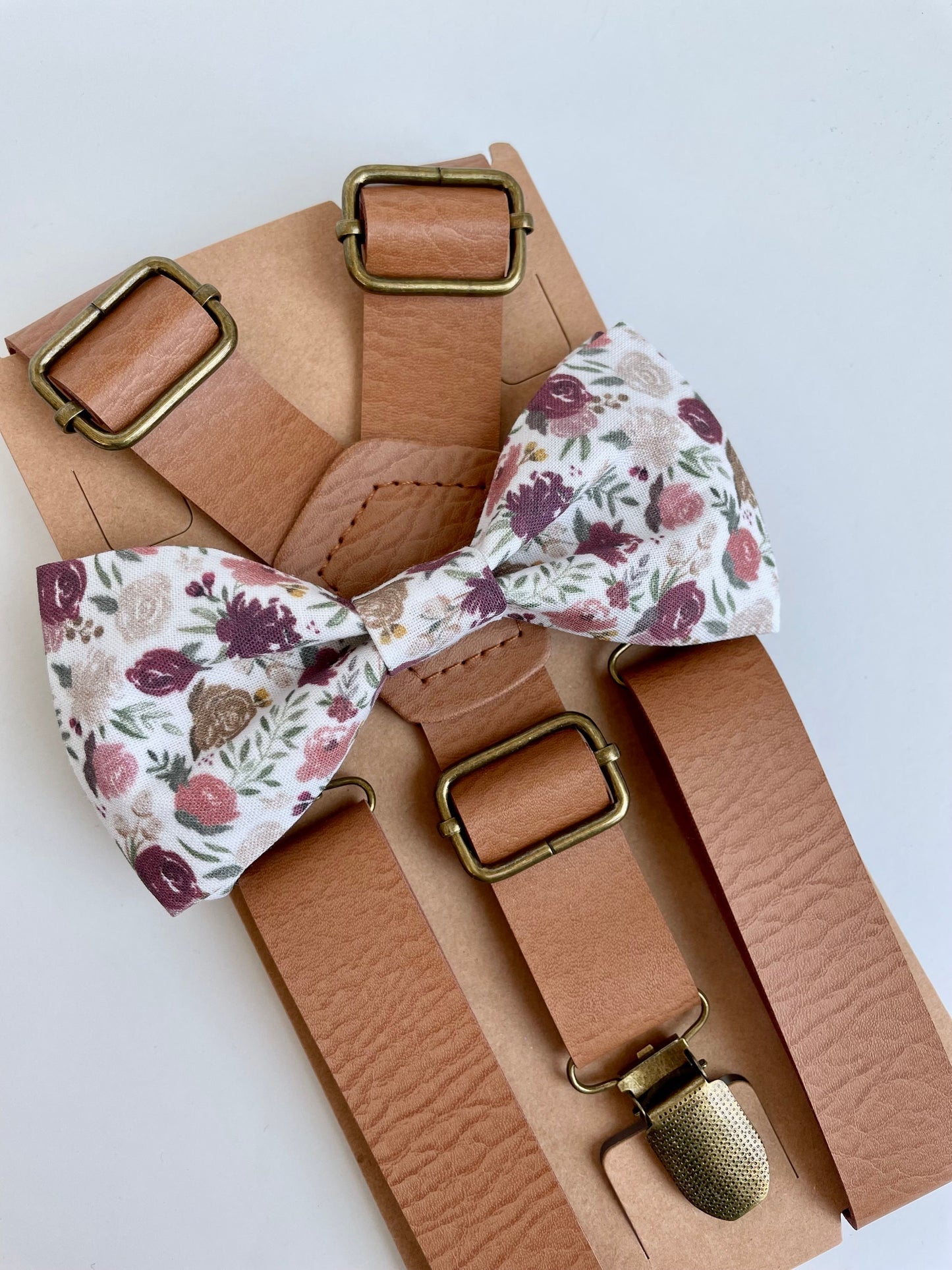 Burgundy mauve bowtie and tan faux leather suspenders set, vintage rustic wedding, grooms mens boys floral bow tie, ring bearer outfit