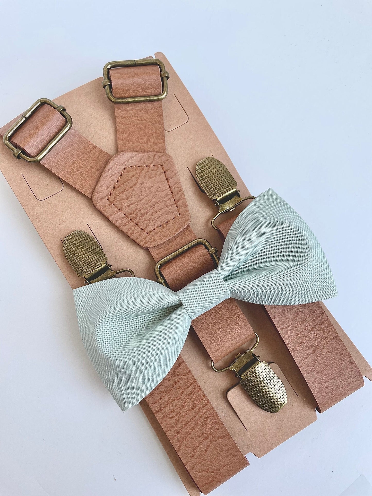 Pale sage bow tie and vintage tan suspenders set, rustic wedding, grooms bow tie, mens sage boys bow tie, dusty sage bow tie