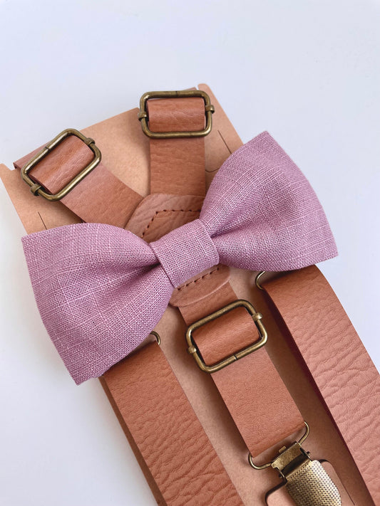 Mauve linen bow tie and tan faux leather suspenders set, vintage rustic wedding, grooms mens boys  dusty rose bow tie, ring bearer outfit