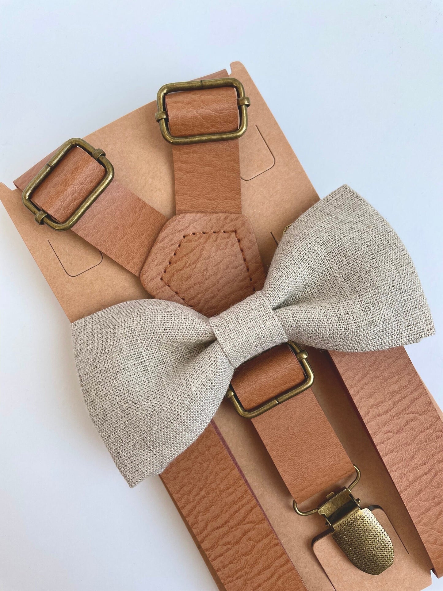 Natural linen bow tie and tan faux leather suspenders set, vintage rustic wedding, grooms mens boys  dusty rose bow tie, ring boy outfit