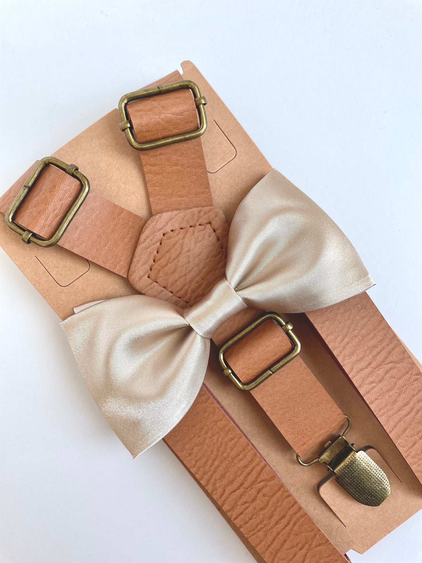 Champagne satin bow tie and vegan tan leather suspenders set, rustic wedding, grooms mens boys bow tie, ring bearer outfit, bowtie, bowties