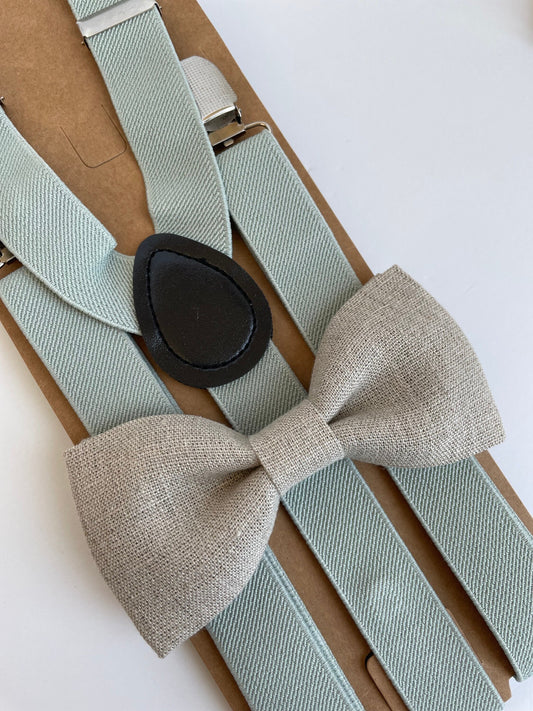 Natural linen bow tie and suspenders set, rustic boho wedding, grooms bow tie, mens  boys bow tie, dusty sage suspenders