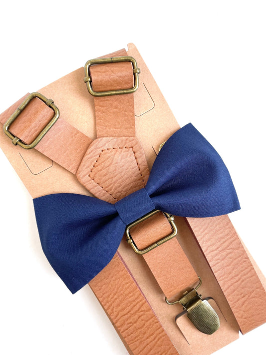 Navy bow tie and tan faux leather suspenders set, rustic wedding, grooms bow tie, mens navy boys bow tie, dark blue bow tie ring boy bow tie