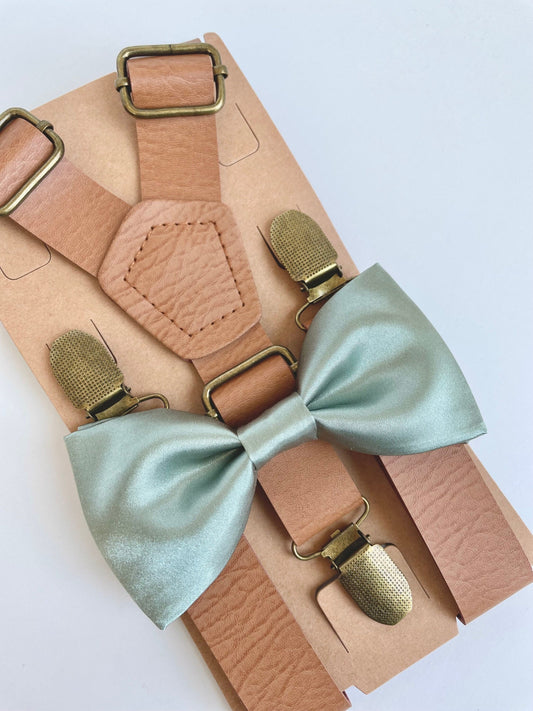 Dusty sage satin bow tie and tan suspenders set, rustic wedding, grooms mens boys bow tie, ring bearer outfit