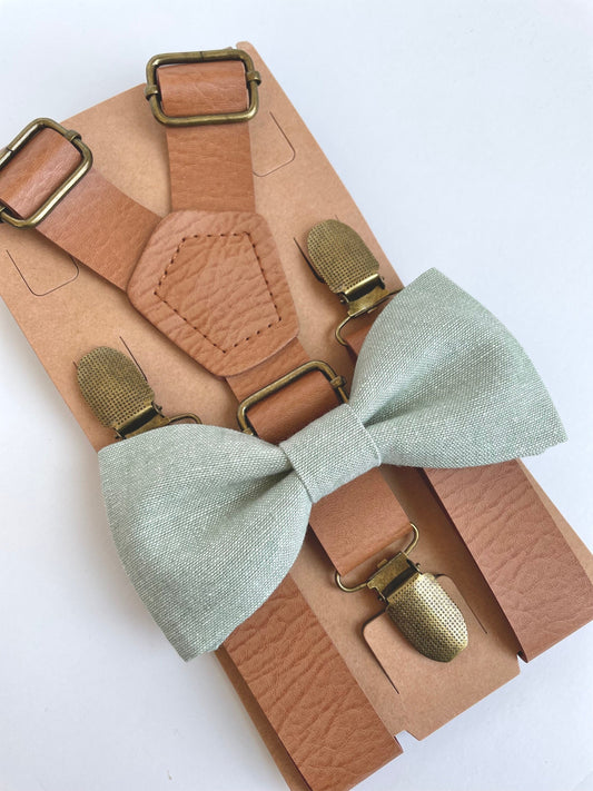 Dusty sage linen bow tie and vintage tan suspenders set, rustic wedding, grooms bow tie, mens boys bow tie, tan faux leather suspenders