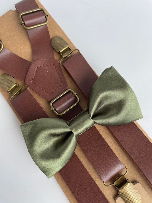 Olive satin bow tie and brown leather suspenders set, rustic boho wedding, grooms mens boys bow tie, ring bearer outfit, bowtie, bowties