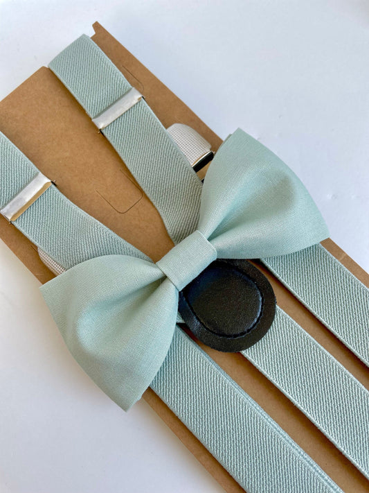 Pale sage bow tie and suspenders set, rustic wedding, grooms bow tie, mens dusty  sage boys bow tie, dusty sage suspenders