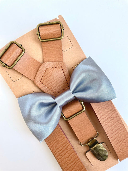 Dusty blue satin bow tie and vegan tan leather suspenders set, rustic wedding, grooms mens boys bow tie, ring bearer outfit, bowtie, bowties