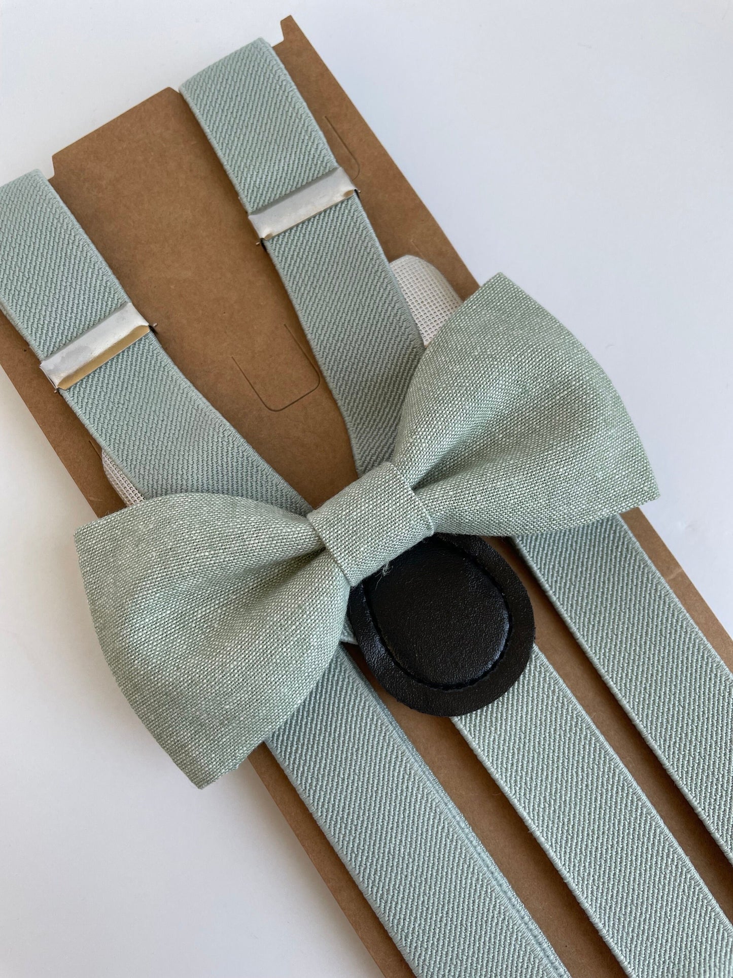 Dusty sage linen bow tie and suspenders set, rustic wedding, grooms bow tie, mens dusty  sage boys bow tie, dusty sage suspenders