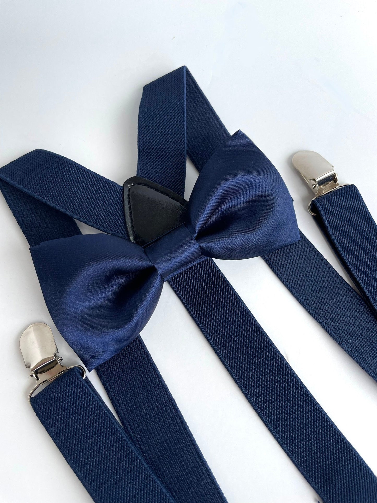 Navy satin bow tie and suspenders set,  wedding navy blue, grooms bow tie, mens navy boys bow tie, navy suspenders