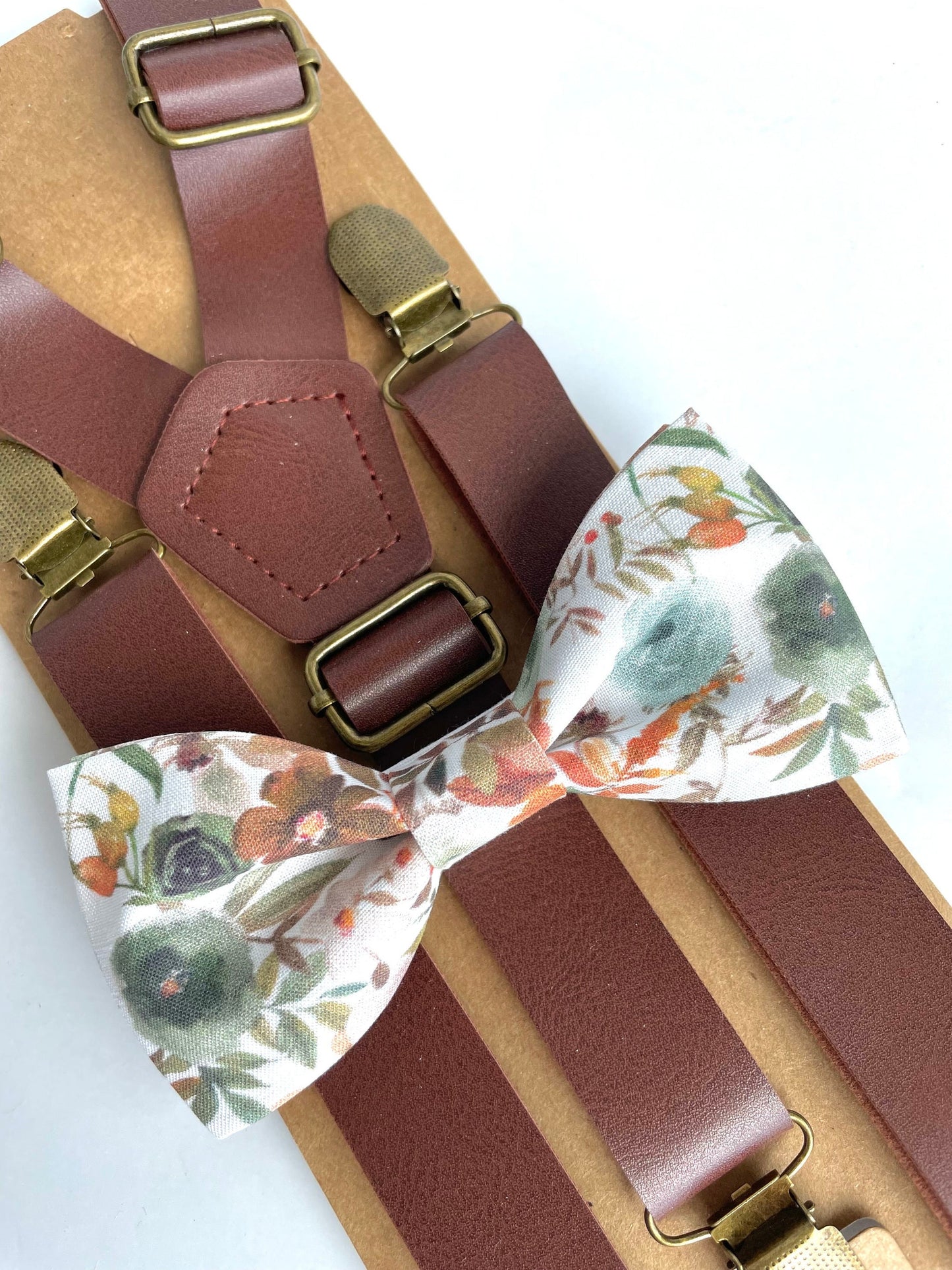 Fall floral bow tie & brown suspenders,  boho wedding, ring boy outfit, mens grooms groomsmen dusty sage floral bow tie, fall wedding