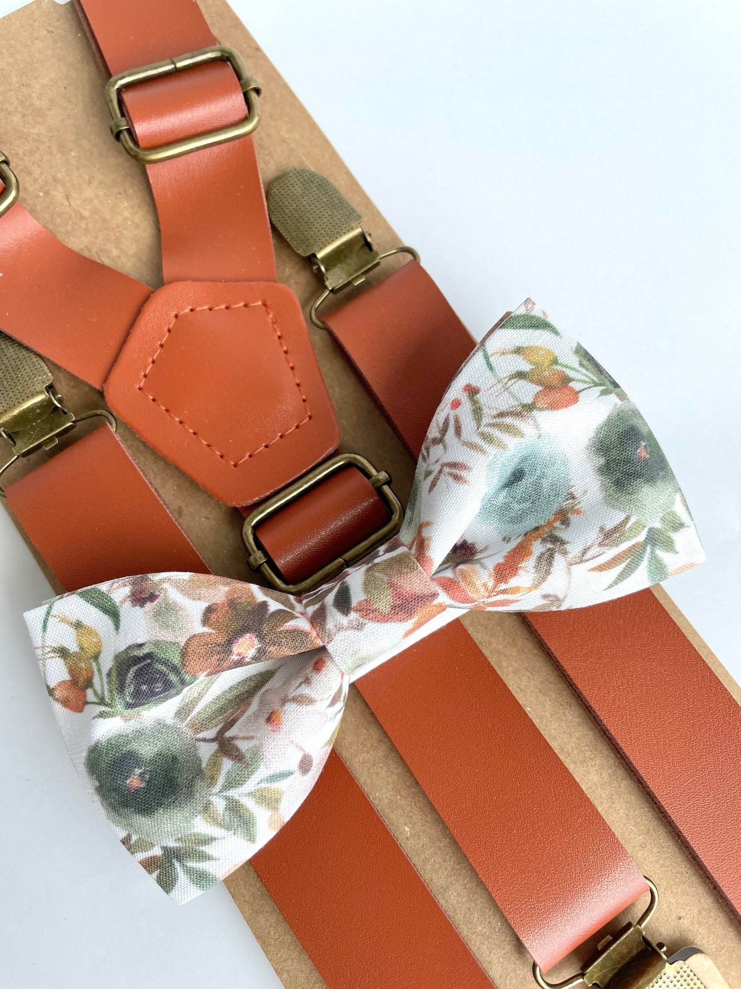 Autumn floral bow tie & cognac suspenders,  boho wedding, ring boy outfit, mens grooms groomsmen dusty sage floral bow tie, fall wedding