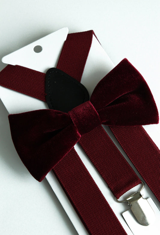 Wine velvet bow tie and suspenders set, burgundy velvet men bowtie, merlot kids boys bow tie, cabernet wedding bow tie, ring bearer bow tie