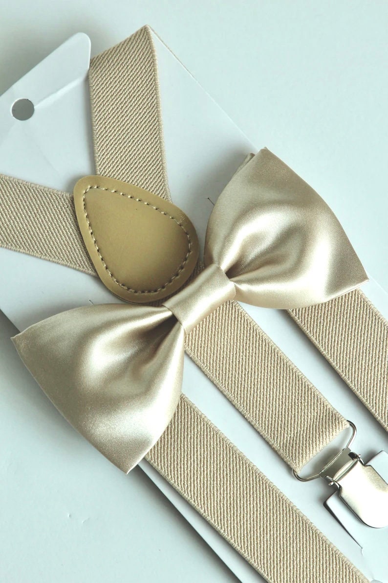 Champagne satin bow tie and suspenders, mens wedding bowtie, grooms groomsmen champagne bow tie, rustic wedding, boho wedding, boys bow tie