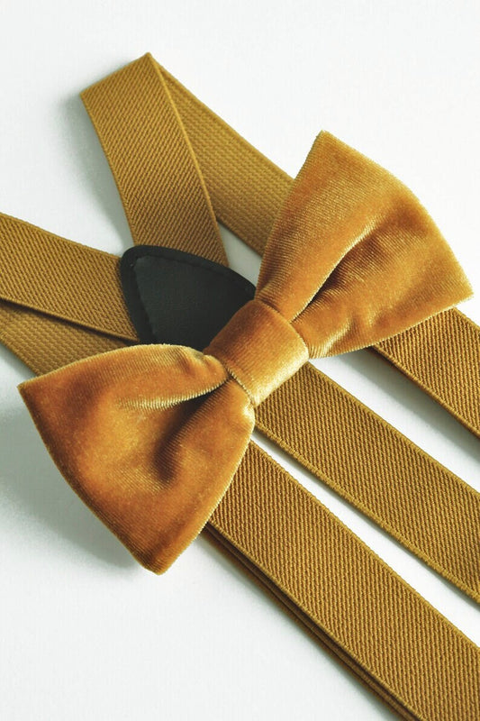 Mustard velvet bow tie and suspenders set, fall wedding, autumn bow tie, gold velvet bowtie, mens boys bow tie, grooms bow tie