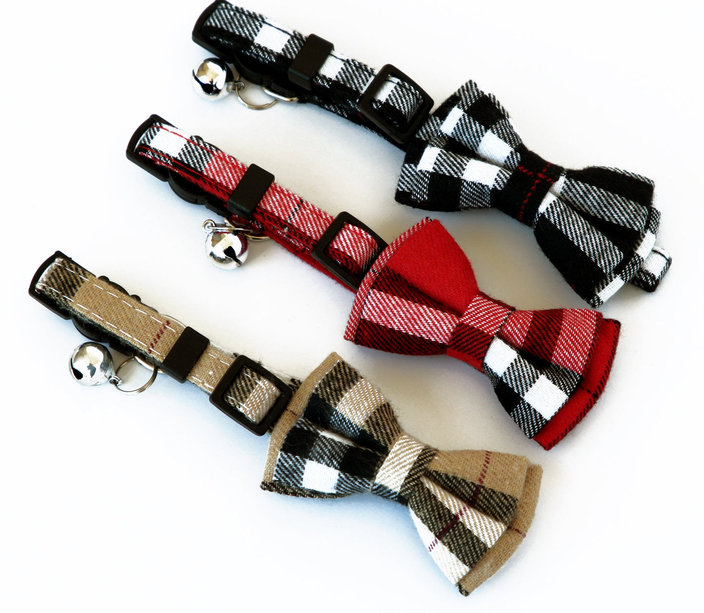 Cat bow tie collar set, plaid pet bow tie, breakaway collar for cat, cute bowtie for cat, black tan plaid bow tie for cat