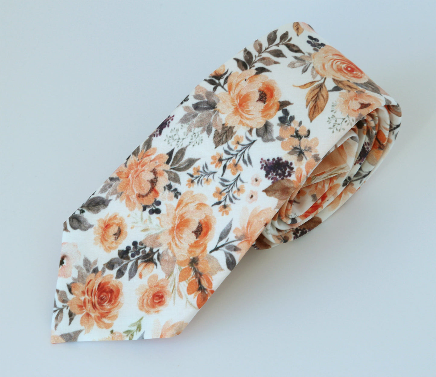 Peach grey floral men's necktie bow tie pocket square, grooms groomsmen floral bowtie neck tie, boys spring floral, fall wedding bow tie