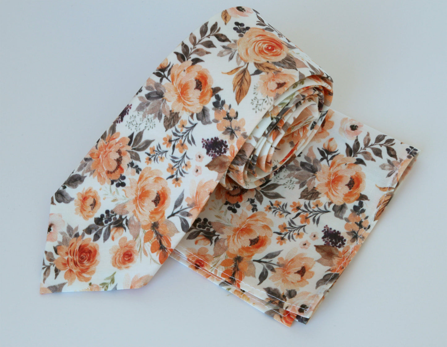 Peach grey floral men's necktie bow tie pocket square, grooms groomsmen floral bowtie neck tie, boys spring floral, fall wedding bow tie