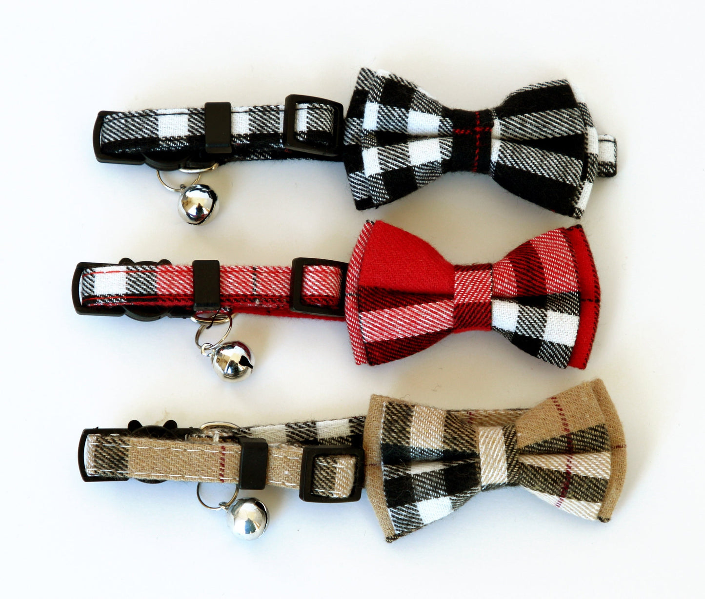 Cat bow tie collar set, plaid pet bow tie, breakaway collar for cat, cute bowtie for cat, black tan plaid bow tie for cat