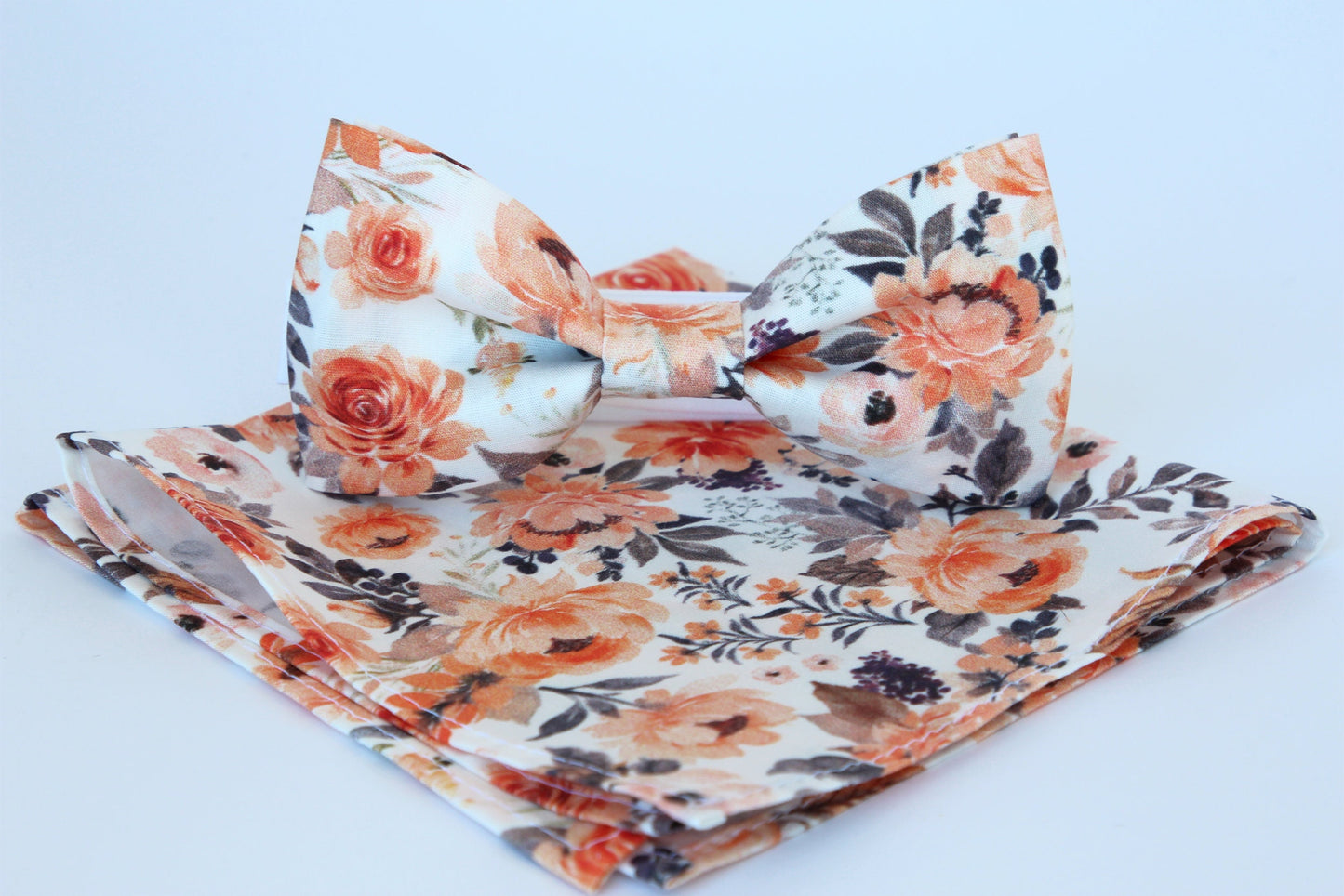 Peach grey floral men's necktie bow tie pocket square, grooms groomsmen floral bowtie neck tie, boys spring floral, fall wedding bow tie