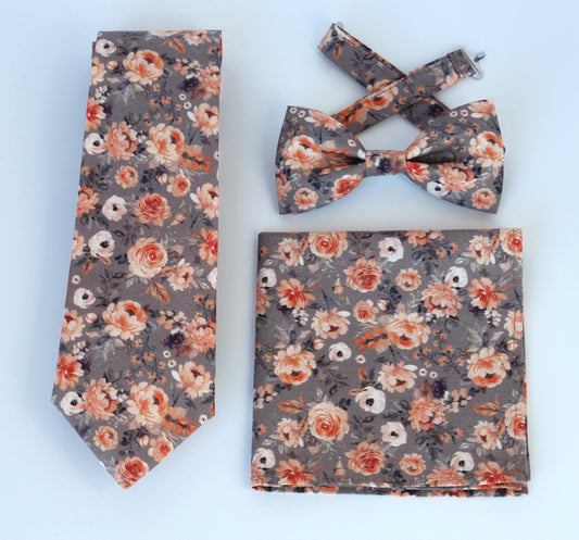 Grey peach neck tie, mens bow tie, pocket square, wedding gray blush floral bowtie, grooms groomsmen, ring boy bow tie with flowers, autumn